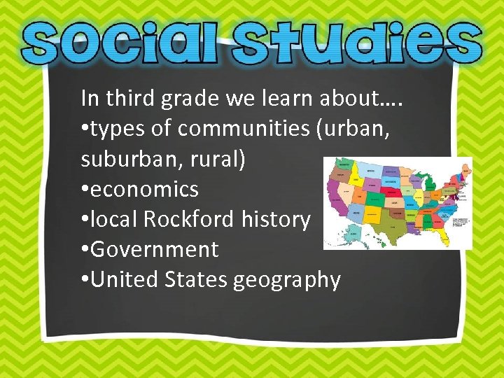 In third grade we learn about…. • types of communities (urban, suburban, rural) •