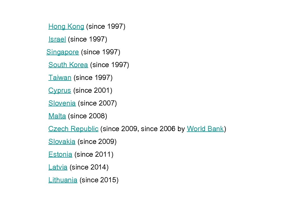  Hong Kong (since 1997) Israel (since 1997) Singapore (since 1997) South Korea (since