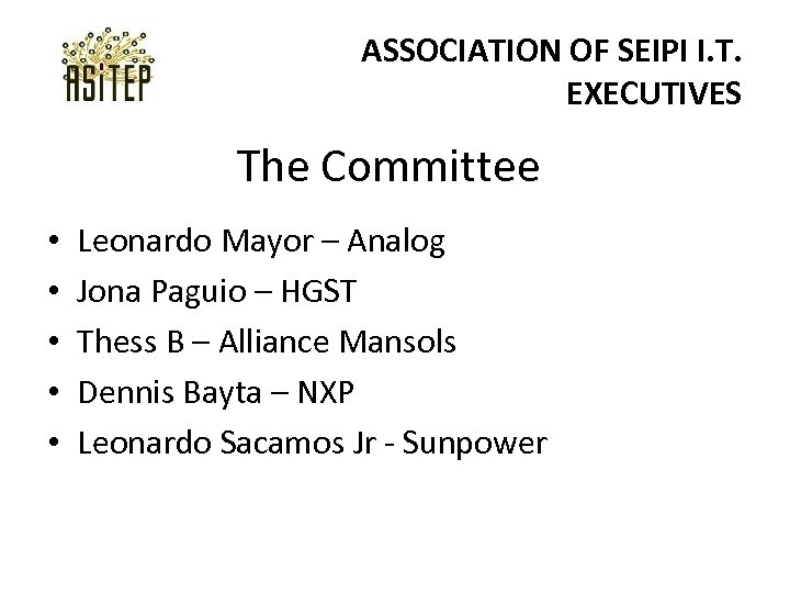 ASSOCIATION OF SEIPI I. T. EXECUTIVES The Committee • • • Leonardo Mayor –