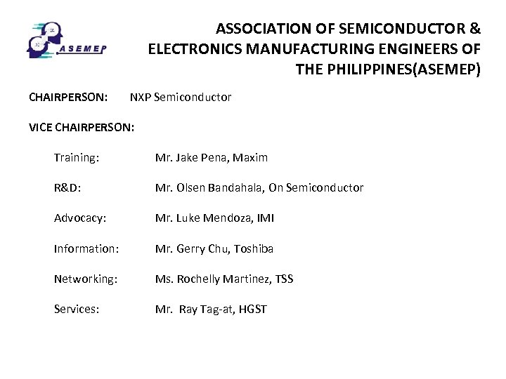 ASSOCIATION OF SEMICONDUCTOR & ELECTRONICS MANUFACTURING ENGINEERS OF THE PHILIPPINES(ASEMEP) CHAIRPERSON: NXP Semiconductor VICE