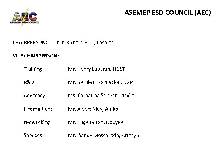 ASEMEP ESD COUNCIL (AEC) CHAIRPERSON: Mr. Richard Ruiz, Toshiba VICE CHAIRPERSON: Training: R&D: Mr.