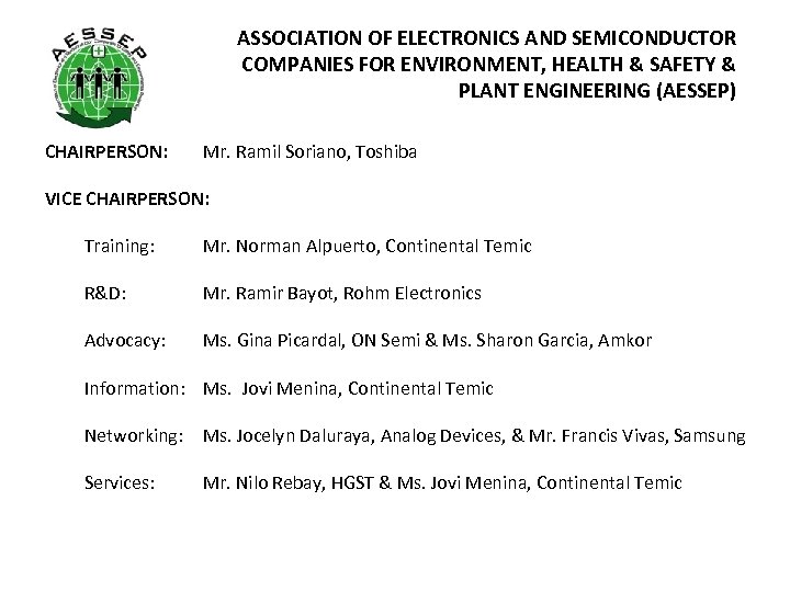 ASSOCIATION OF ELECTRONICS AND SEMICONDUCTOR COMPANIES FOR ENVIRONMENT, HEALTH & SAFETY & PLANT ENGINEERING