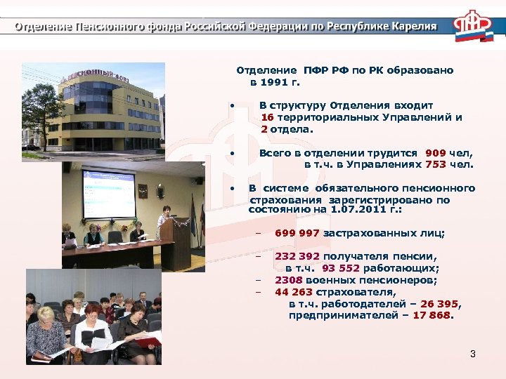Отделение ПФР РФ по РК образовано в 1991 г. • В структуру Отделения входит