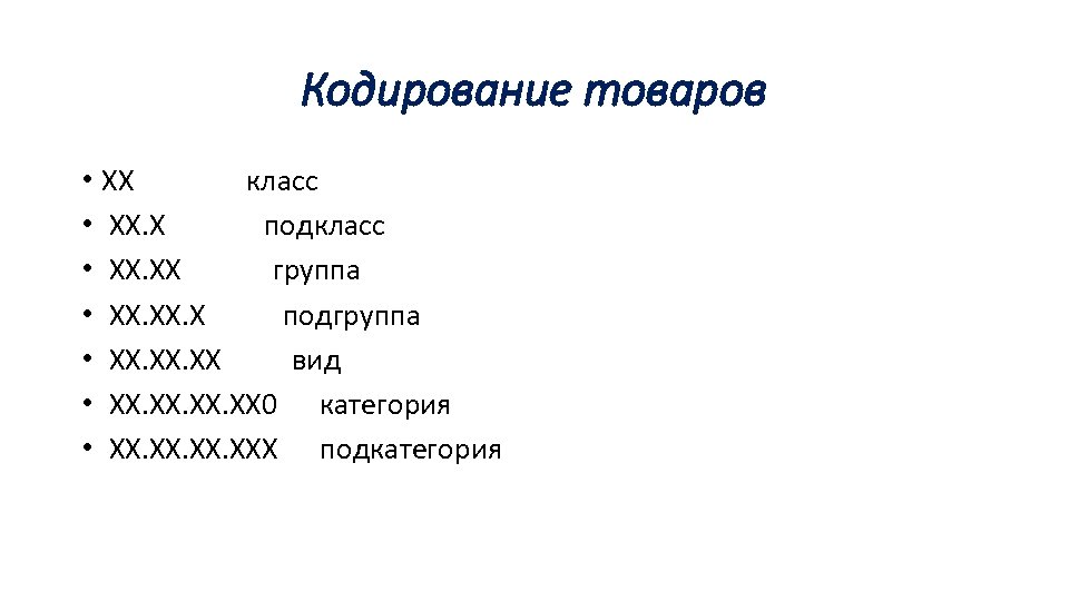 Кодирование товаров • XX класс • XX. X подкласс • XX. XX группа •