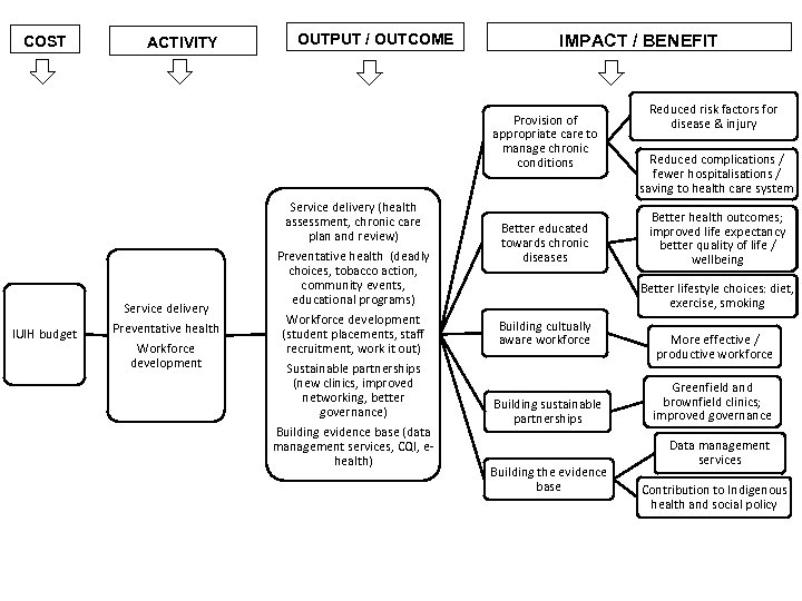 COST ACTIVITY OUTPUT / OUTCOME IMPACT / BENEFIT Provision of appropriate care to manage