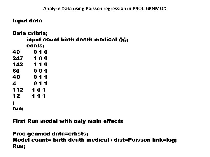 Analyze Data using Poisson regression in PROC GENMOD Input data Data crlists; input count