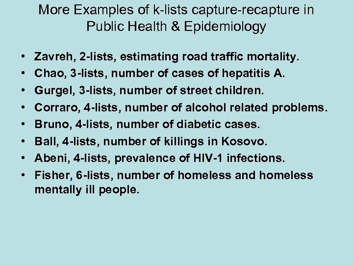 More Examples of k-lists capture-recapture in Public Health & Epidemiology • • Zavreh, 2