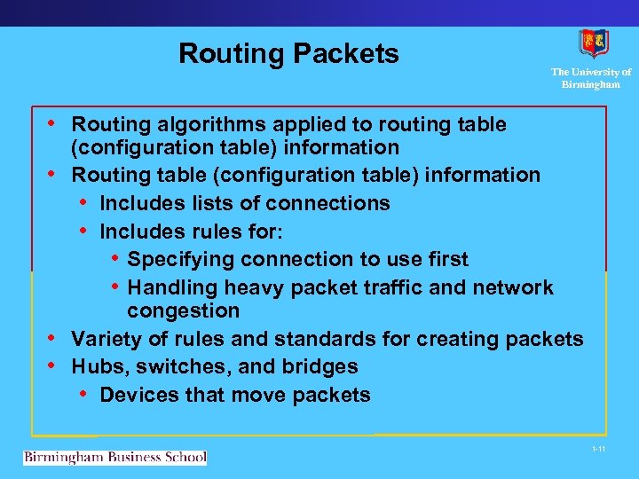 Routing Packets The University of Birmingham • Routing algorithms applied to routing table (configuration