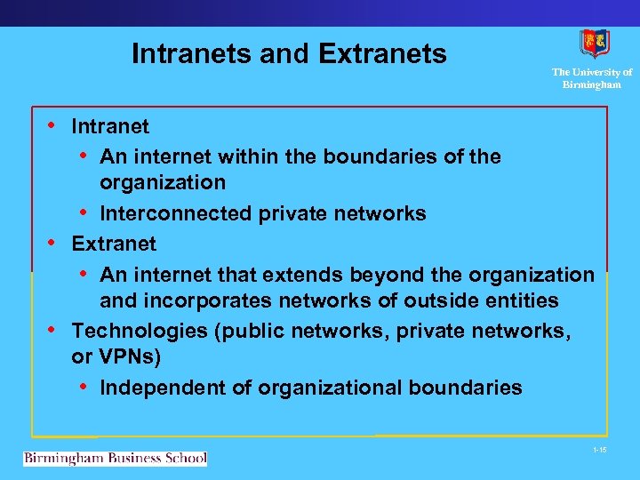 Intranets and Extranets The University of Birmingham • Intranet • An internet within the