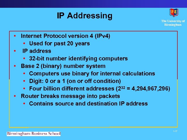 IP Addressing The University of Birmingham • Internet Protocol version 4 (IPv 4) •