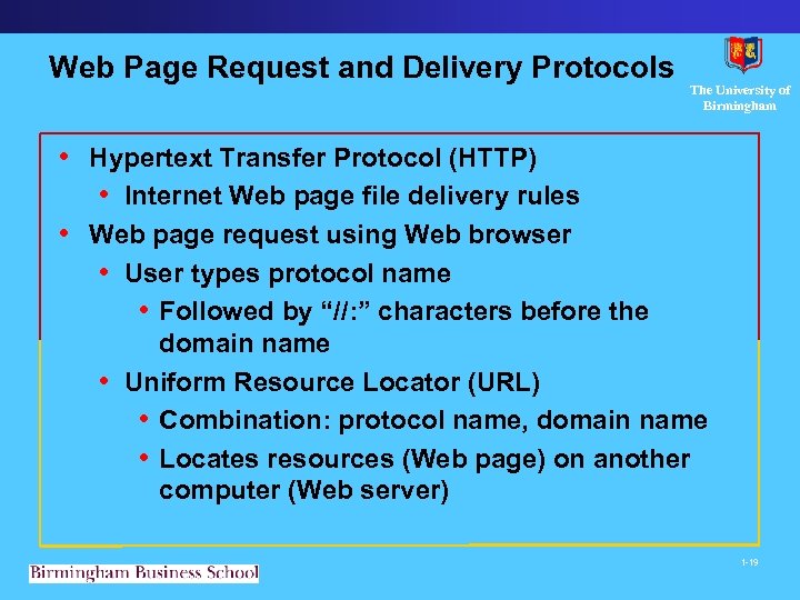 Web Page Request and Delivery Protocols The University of Birmingham • Hypertext Transfer Protocol