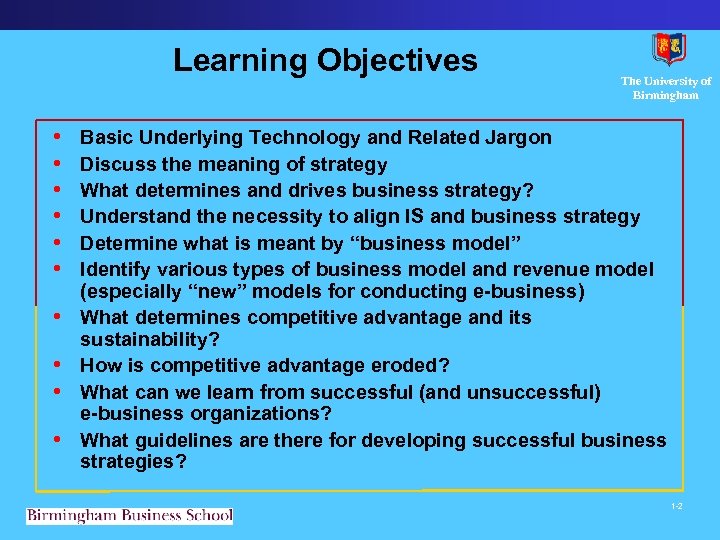 Learning Objectives • • • The University of Birmingham Basic Underlying Technology and Related
