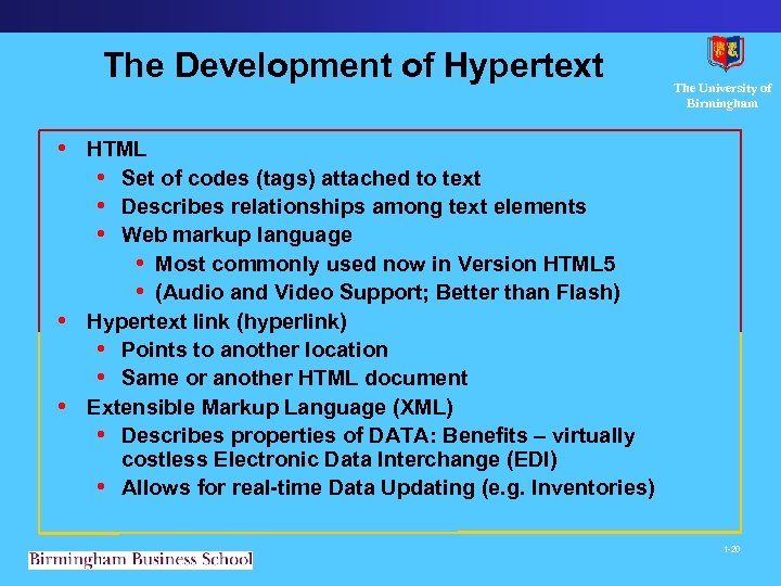 The Development of Hypertext The University of Birmingham • HTML • Set of codes