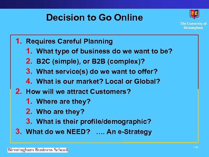 Decision to Go Online The University of Birmingham 1. Requires Careful Planning 1. What