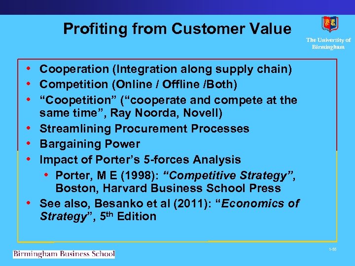 Profiting from Customer Value The University of Birmingham • Cooperation (Integration along supply chain)