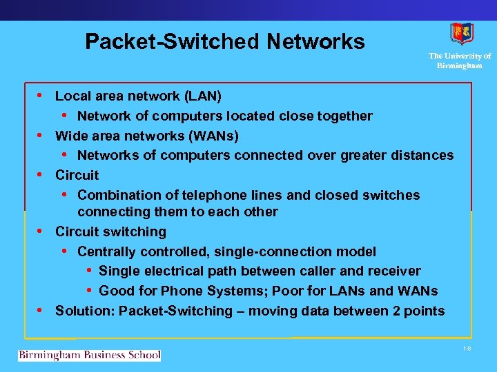 Packet-Switched Networks The University of Birmingham • Local area network (LAN) • Network of