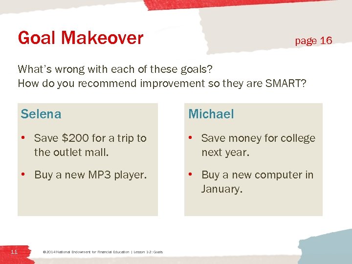 Goal Makeover page 16 What’s wrong with each of these goals? How do you