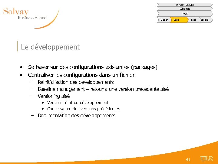 Infrastructure Change PMO Design Build Test Le développement • • Se baser sur des