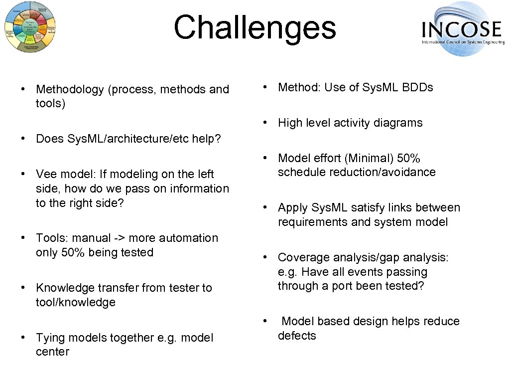 Challenges • Methodology (process, methods and tools) • Method: Use of Sys. ML BDDs