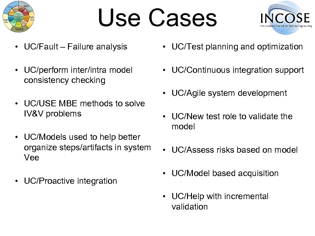 Use Cases • UC/Fault – Failure analysis • UC/Test planning and optimization • UC/perform