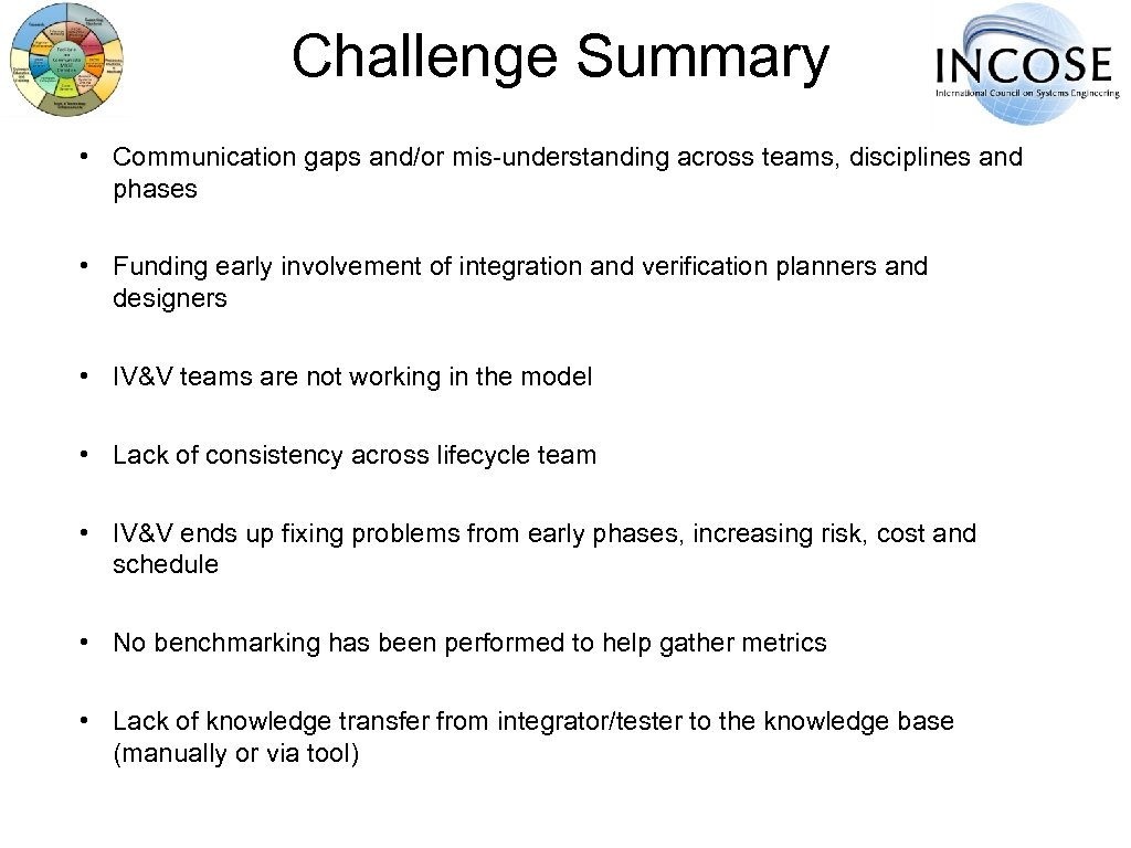 Challenge Summary • Communication gaps and/or mis-understanding across teams, disciplines and phases • Funding