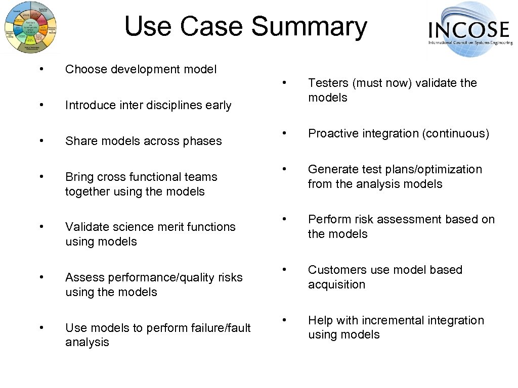 Use Case Summary • Choose development model • Share models across phases Testers (must