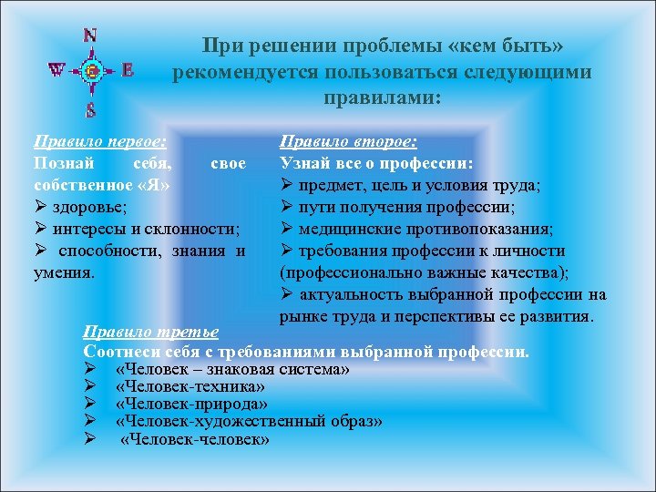 При решении проблемы «кем быть» рекомендуется пользоваться следующими правилами: Правило первое: Познай себя, свое