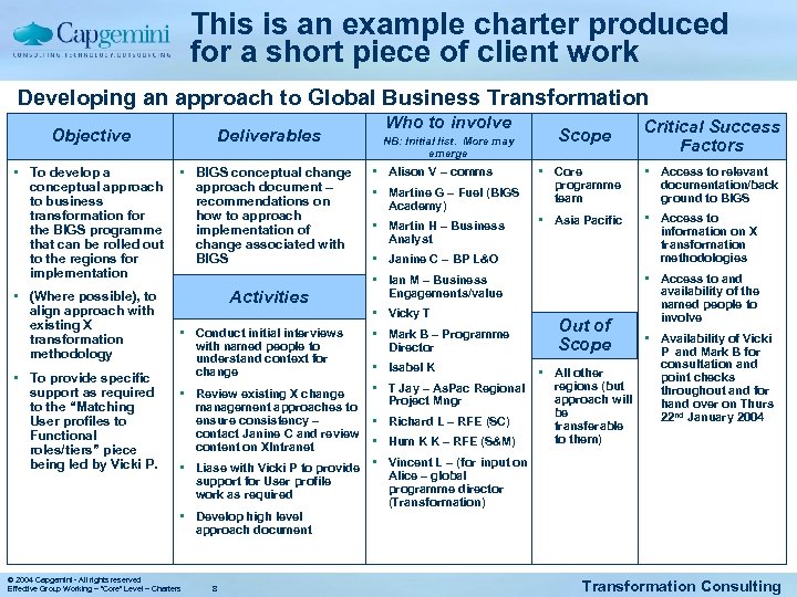 This is an example charter produced for a short piece of client work Developing