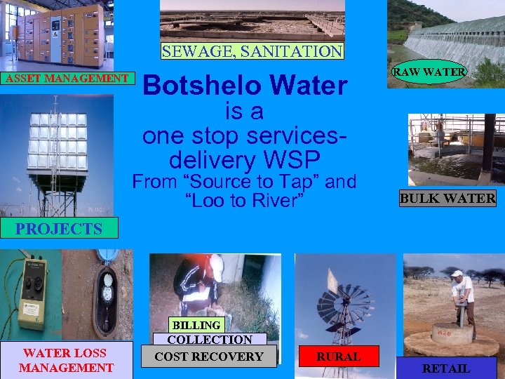 SEWAGE, SANITATION ASSET MANAGEMENT Botshelo Water RAW WATER is a one stop services- delivery