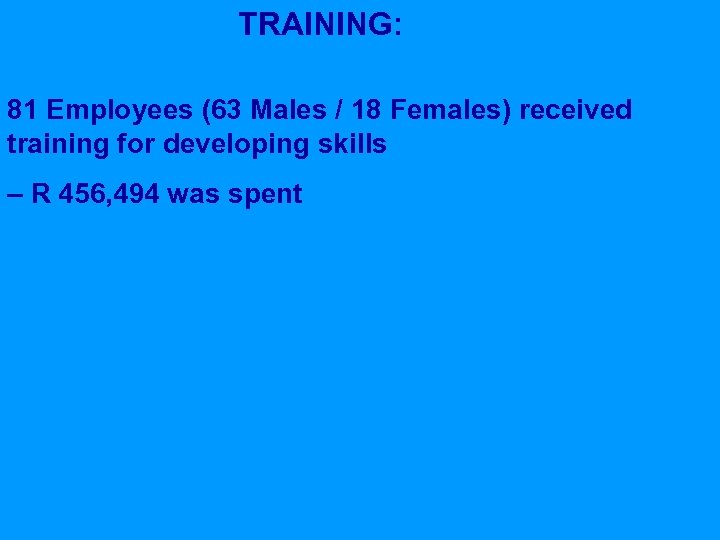 TRAINING: 81 Employees (63 Males / 18 Females) received training for developing skills –