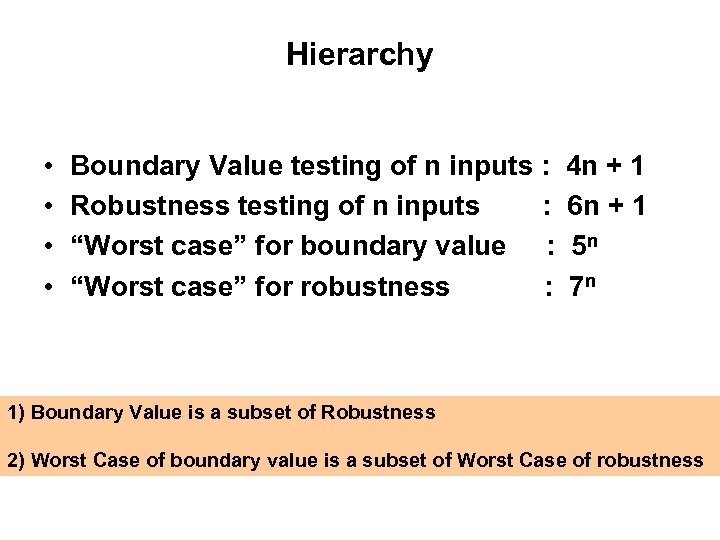 Hierarchy • • Boundary Value testing of n inputs : Robustness testing of n