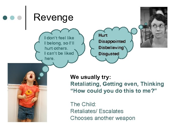 Revenge I don’t feel like I belong, so I’ll hurt others. I can’t be