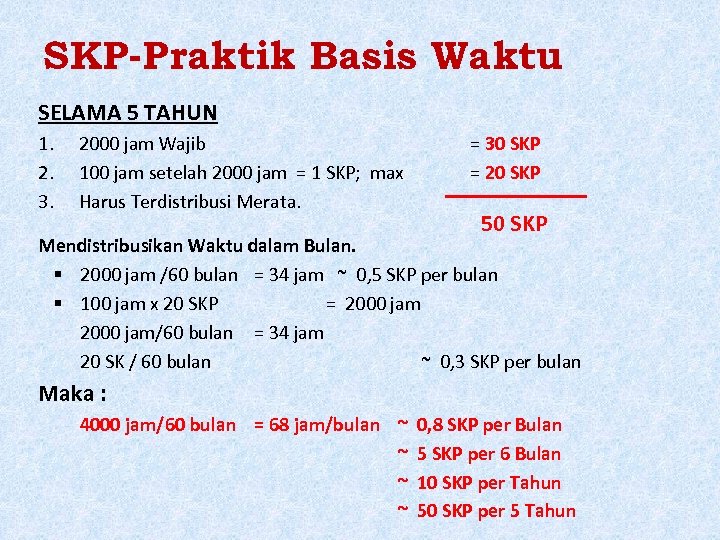 SKP-Praktik Basis Waktu SELAMA 5 TAHUN 1. 2. 3. 2000 jam Wajib 100 jam