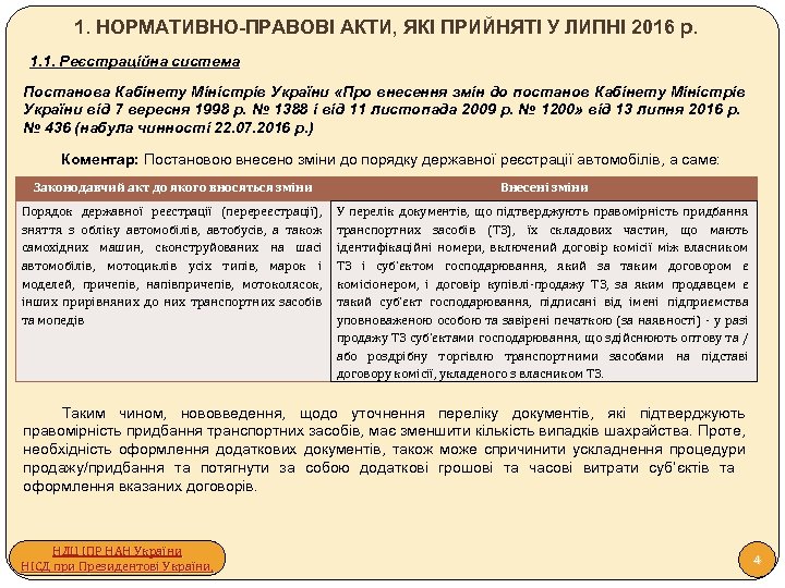 1. НОРМАТИВНО-ПРАВОВІ АКТИ, ЯКІ ПРИЙНЯТІ У ЛИПНІ 2016 р. 1. 1. Реєстраційна система Постанова