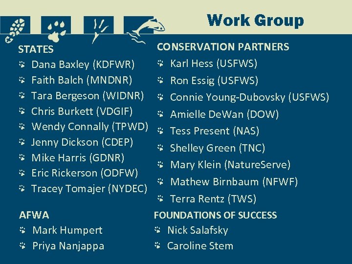 Work Group CONSERVATION PARTNERS STATES Karl Hess (USFWS) Dana Baxley (KDFWR) Faith Balch (MNDNR)