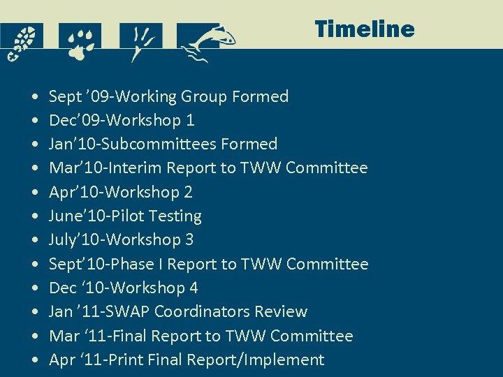 Timeline • • • Sept ’ 09 -Working Group Formed Dec’ 09 -Workshop 1