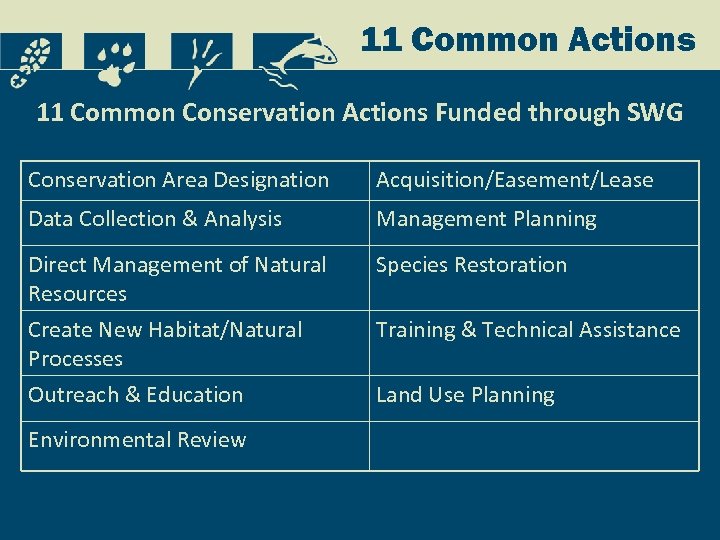 11 Common Actions 11 Common Conservation Actions Funded through SWG Conservation Area Designation Acquisition/Easement/Lease