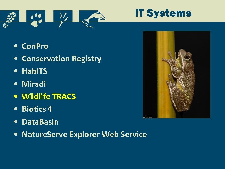 IT Systems • • Con. Pro Conservation Registry Hab. ITS Miradi Wildlife TRACS Biotics