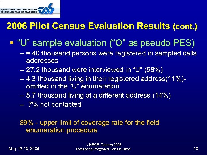 2006 Pilot Census Evaluation Results (cont. ) § “U” sample evaluation (“O” as pseudo