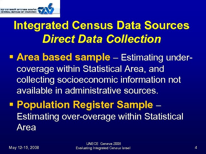 Integrated Census Data Sources Direct Data Collection § Area based sample – Estimating undercoverage