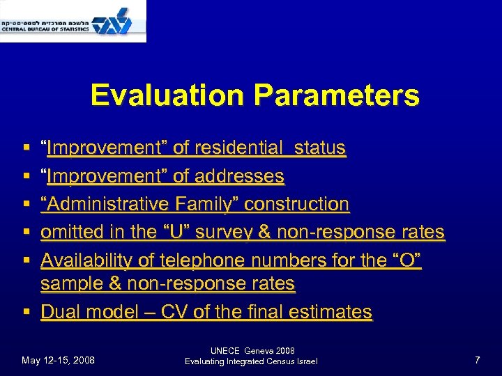 Evaluation Parameters § § § “Improvement” of residential status “Improvement” of addresses “Administrative Family”