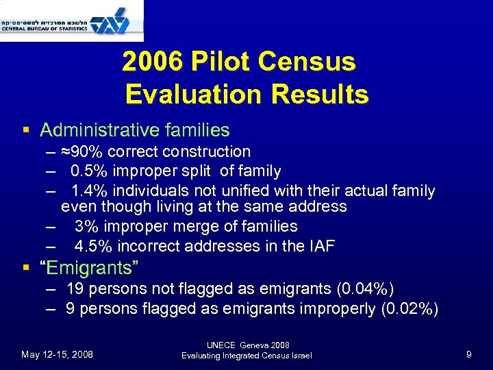 2006 Pilot Census Evaluation Results § Administrative families – ≈90% correct construction – 0.