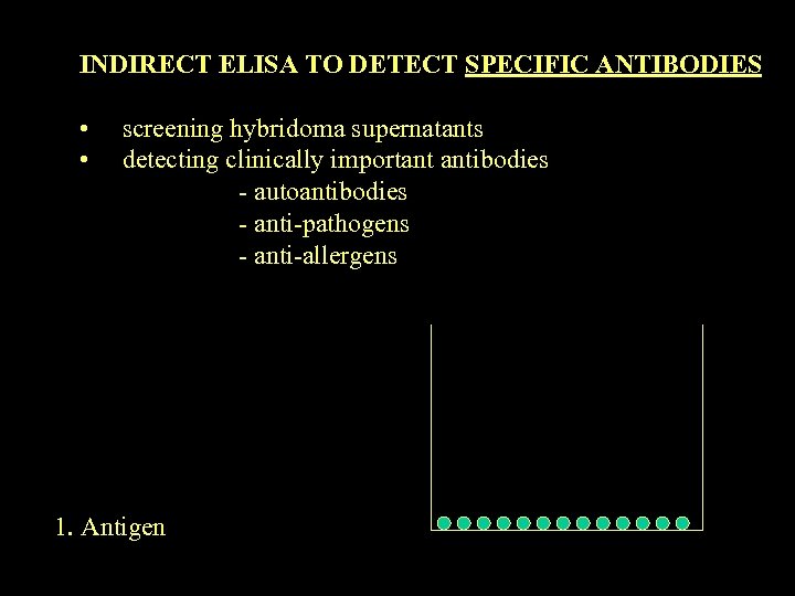 INDIRECT ELISA TO DETECT SPECIFIC ANTIBODIES • • screening hybridoma supernatants detecting clinically important