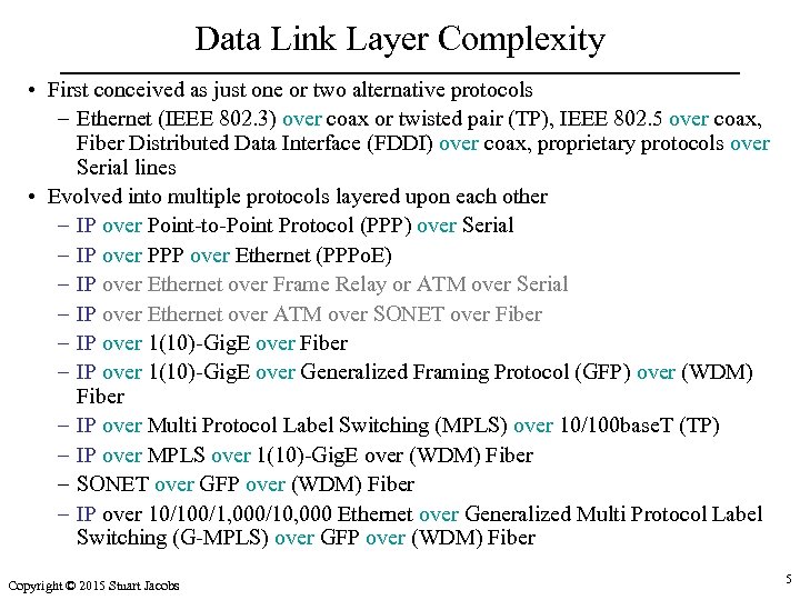 Data Link Layer Complexity • First conceived as just one or two alternative protocols