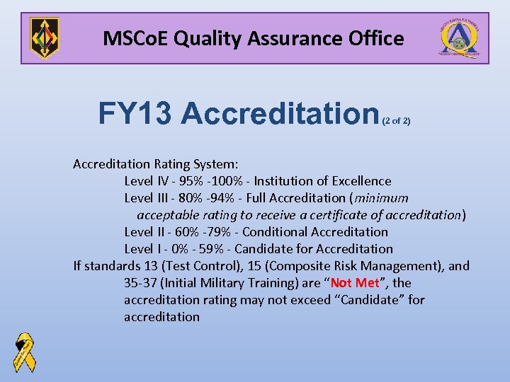 MSCo. E Quality Assurance Office FY 13 Accreditation (2 of 2) Accreditation Rating System: