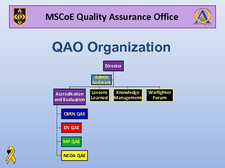 MSCo. E Quality Assurance Office QAO Organization Director Admin Assistant Accreditation and Evaluation CBRN