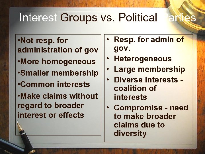 Interest Groups vs. Political Parties • Not resp. for administration of gov • More