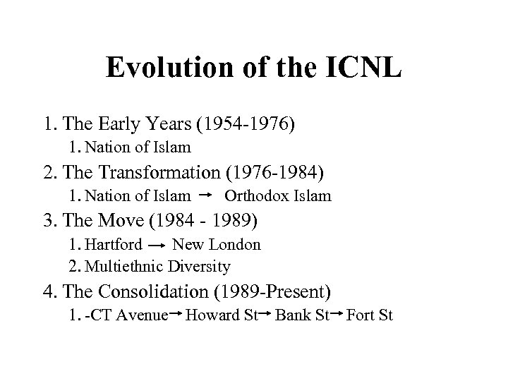 Evolution of the ICNL 1. The Early Years (1954 -1976) 1. Nation of Islam
