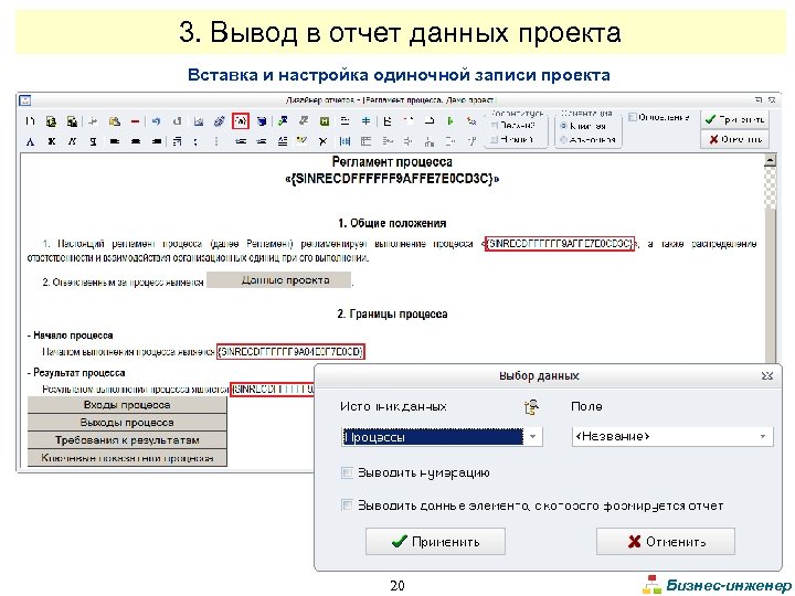 3. Вывод в отчет данных проекта Вставка и настройка одиночной записи проекта 20 Бизнес-инженер