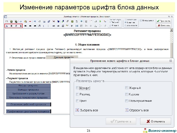 Изменение параметров шрифта блока данных 23 Бизнес-инженер 